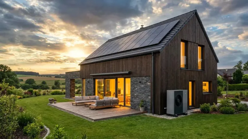 Nowoczesny dom energooszczędny z fotowoltaiką na dachu i pompą ciepła — widok od frontu