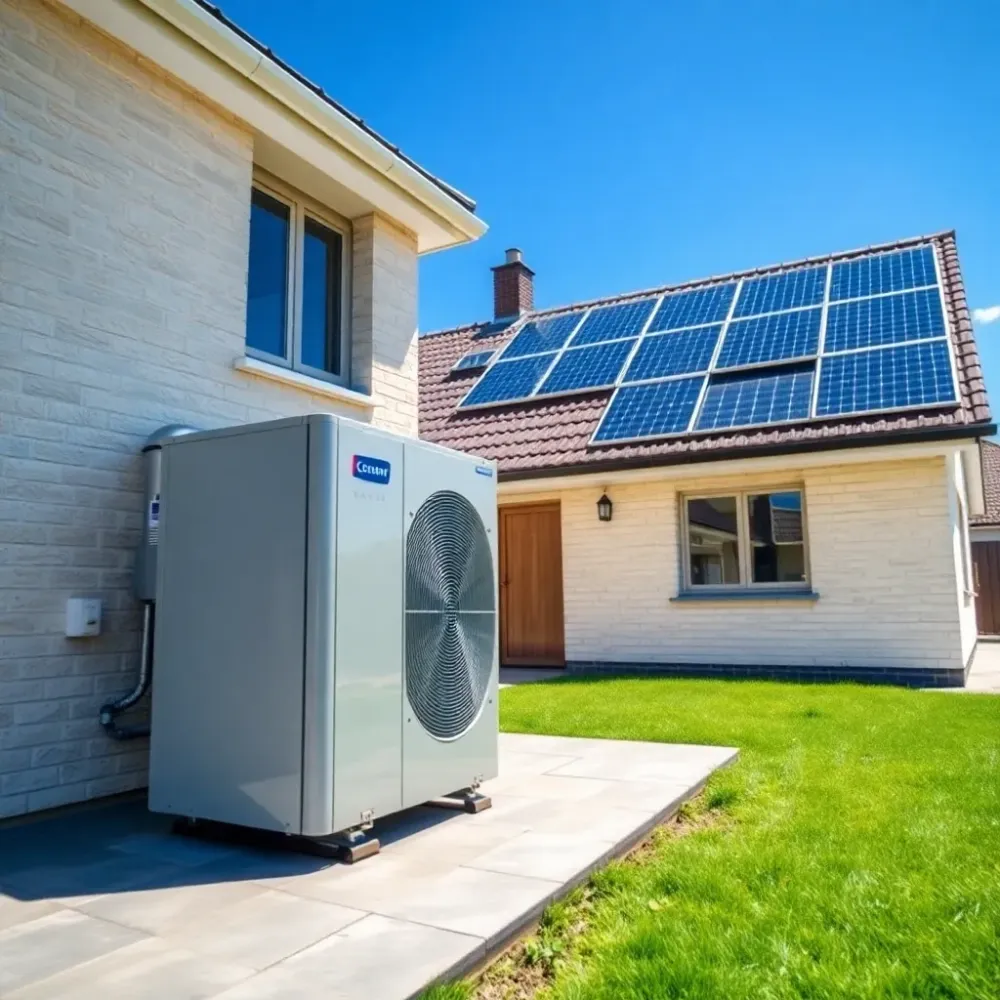 Pompa ciepła powietrze-woda obok domu jednorodzinnego z instalacją fotowoltaiczną na dachu