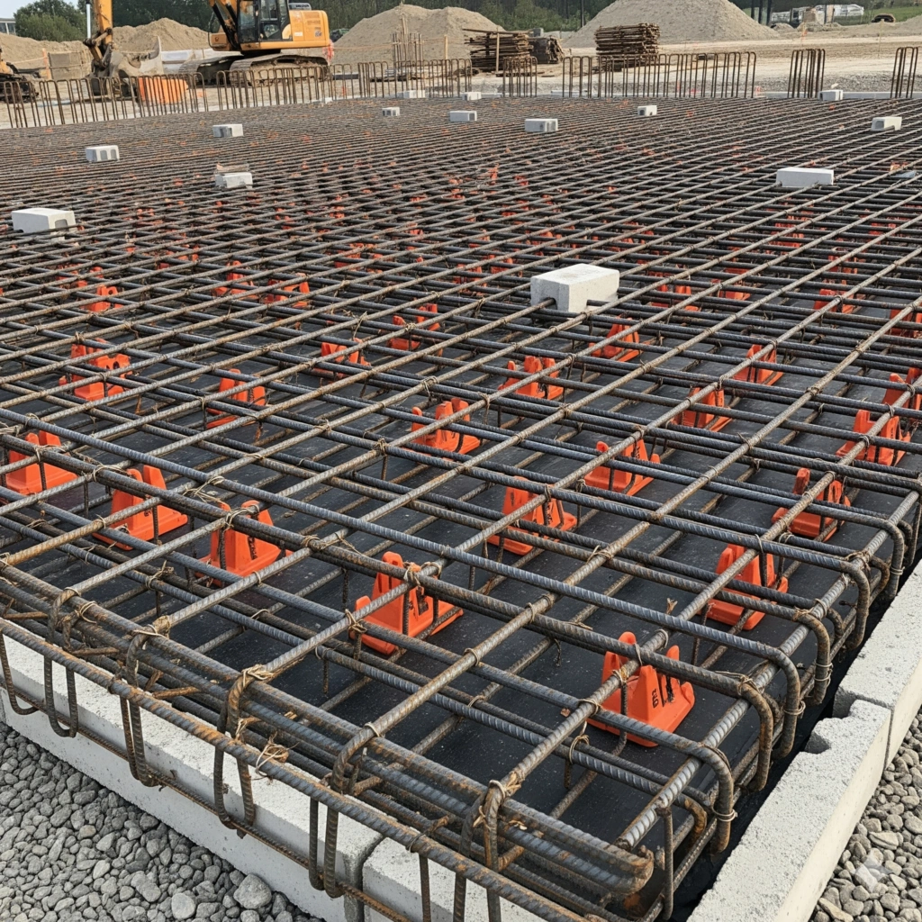 Gęste zbrojenie płyty fundamentowej na terenie górniczym