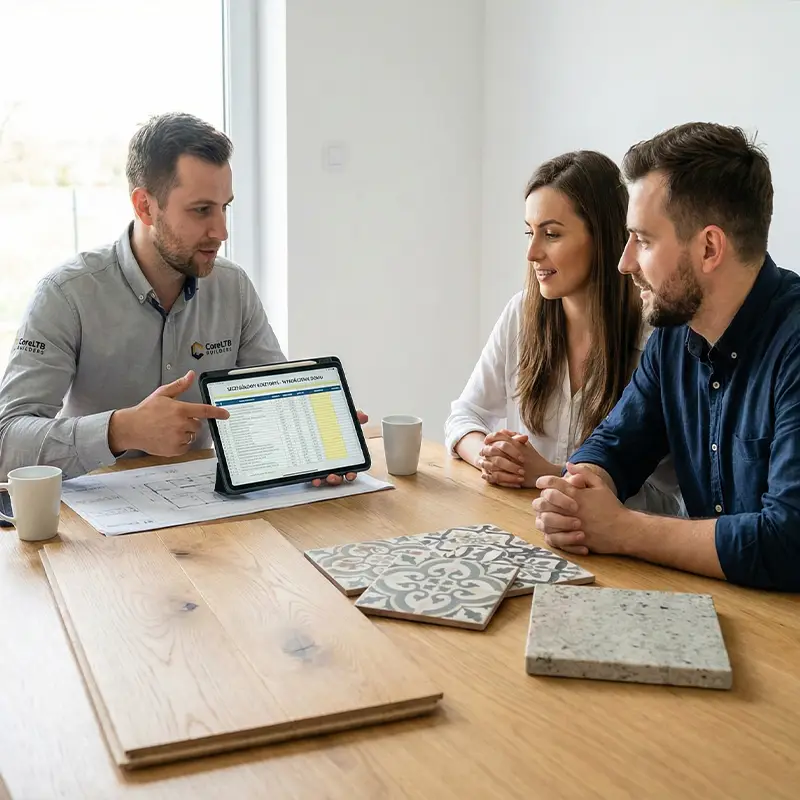 Inżynier wykonujący pomiary laserowe do kosztorysu wykończeniowego